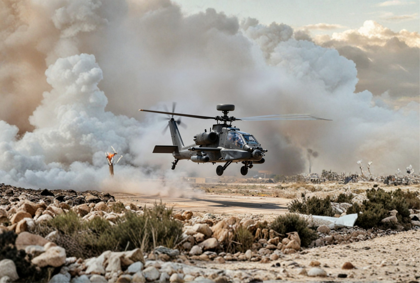 Helicopter flying over desert